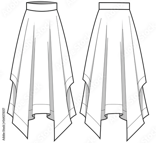Fototapete Women's handkerchief Skirt design flat sketch fashion illustration with front an