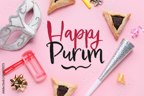 Beautiful greeting card for Purim holiday with carnival mask and Hamantaschen cookies on pink background photo