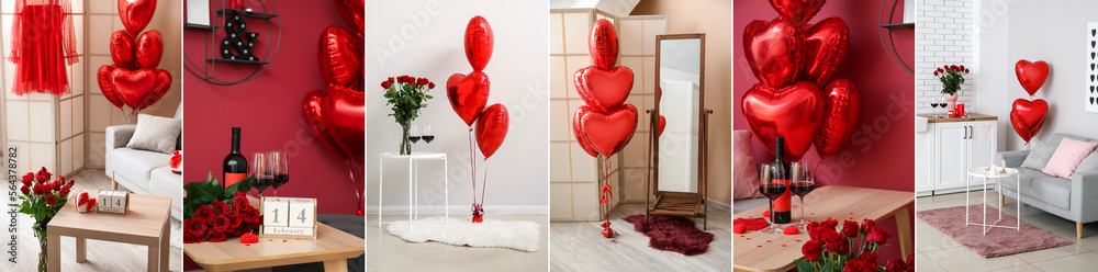 Collage of home interiors with gifts, rose flowers, glasses of wine and balloons for Valentine's Day celebration - obrazy, fototapety, plakaty 