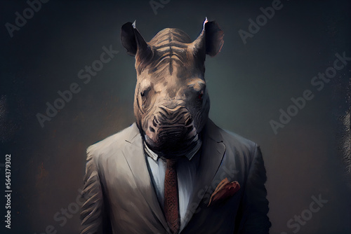 Painted Portrait of Rhino in a business suit