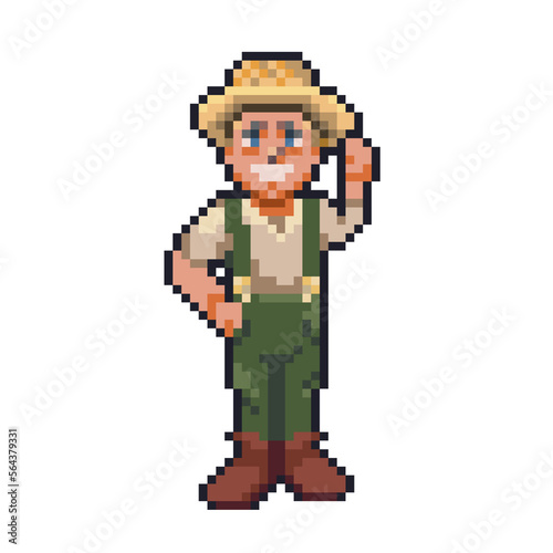 Pixel character gardener smiling farmer top down rpg stray hat green overalls dungarees isolated transparent  © Karolina