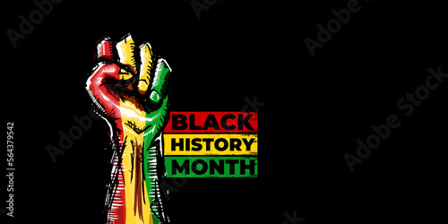 Black history month horizontal banner with protest raised fist colored in African flag isolated on black background. Black history month horizontal poster, flyer with black mans fist