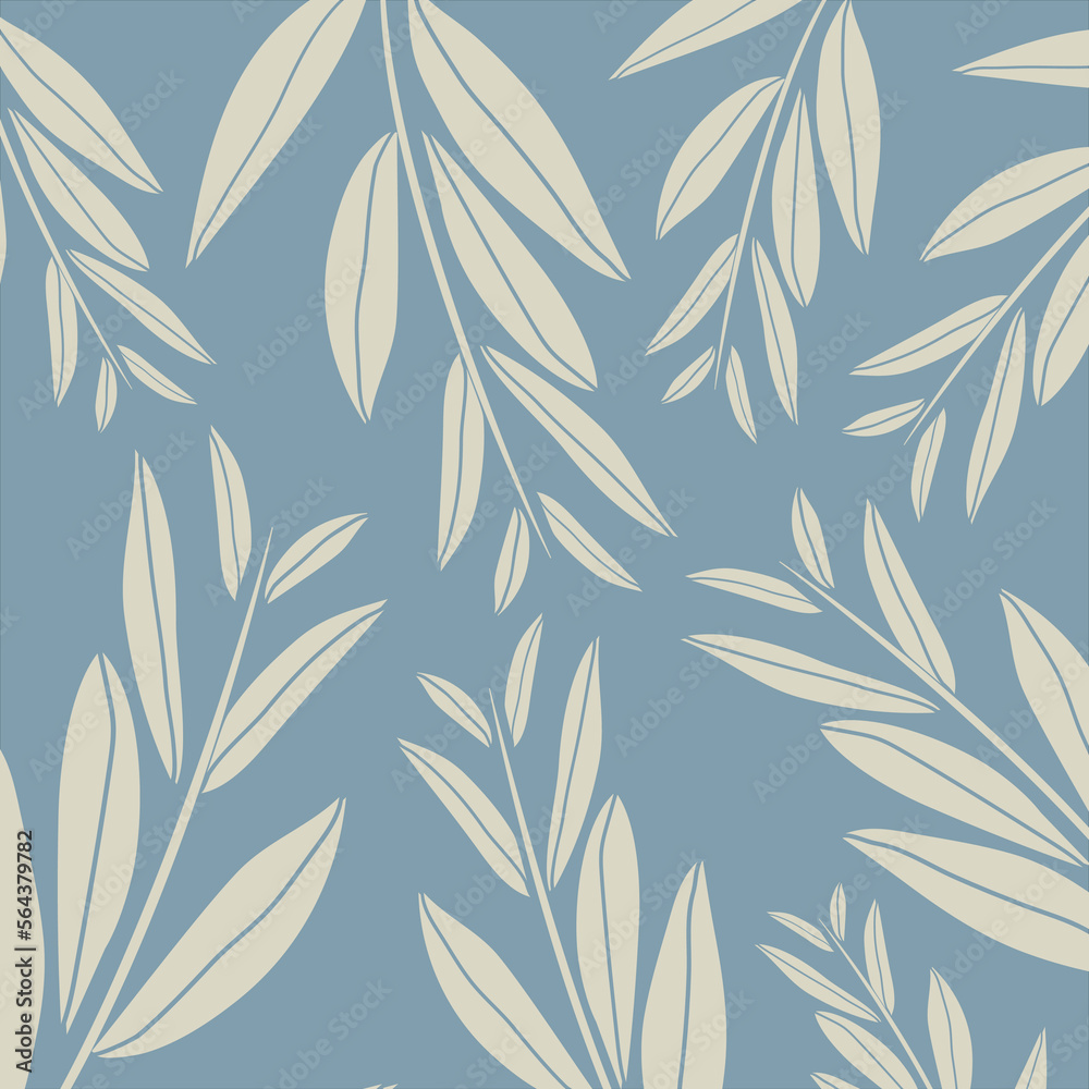 Fototapeta premium art print for interior decoration. foliage vector, art for fabrics, wallpapers. blue background for home decor. leaves silhouette. plants texture for greeting cards backgrounds.