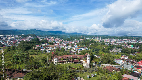 Aerial view of Traditional Minangkabau houses located in Bukittinggi, West Sumatra, Indonesia. 