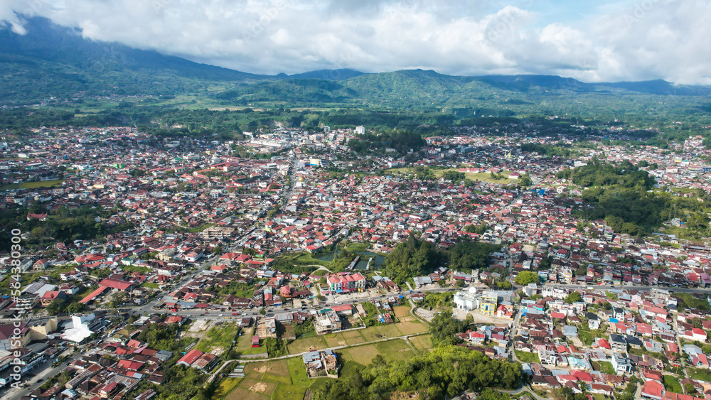 Aerial view of Traditional Minangkabau houses located in Bukittinggi, West Sumatra, Indonesia. 