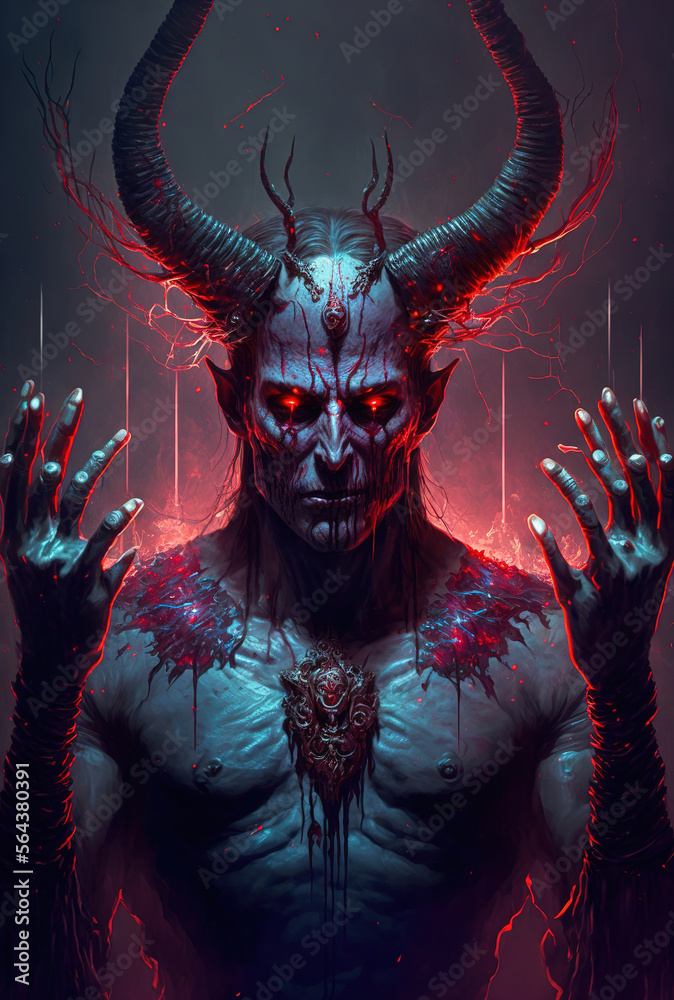 a painting of a demon with horns and blood dripping from his hands, dark fantasy art illustration 