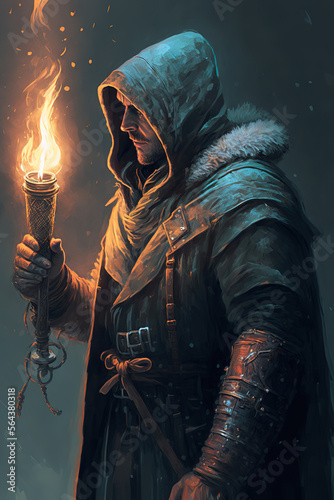 a man in a hooded coat holding a torch, art illustration 