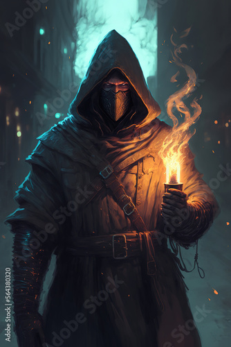 a man in a hooded coat holding a torch, art illustration 