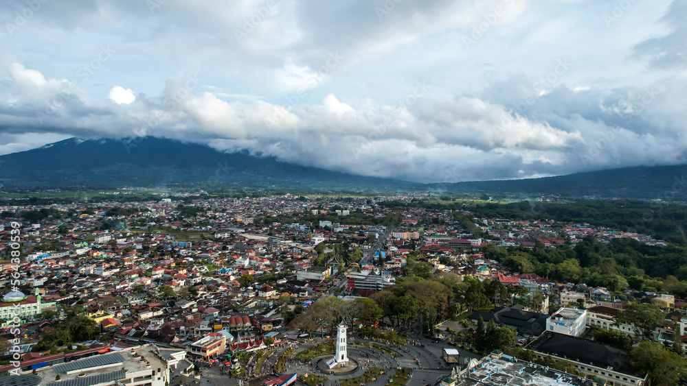 Aerial view of Jam Gadang, a historical and most famous landmark in BukitTinggi City, an icon of the city and the most visited tourist destination by tourists.