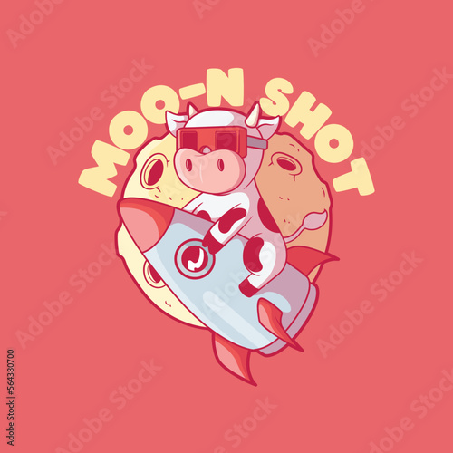 Cow character flying a rocket to the moon vector illustration. Funny, science, imagination design concept.