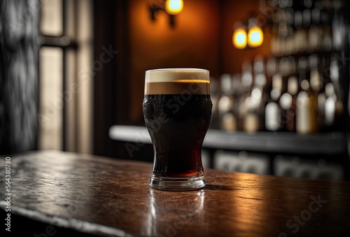 Photo illustration of a glass of dark beer on wooden counter in dramatic atmosphere	Ge