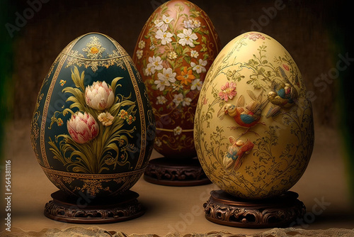 Picturesquely painted eggs for Easter. Floral motifs. AI
