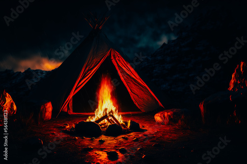 A close-up of a campfire flickering in the darkness, with a small tent pitched nearby