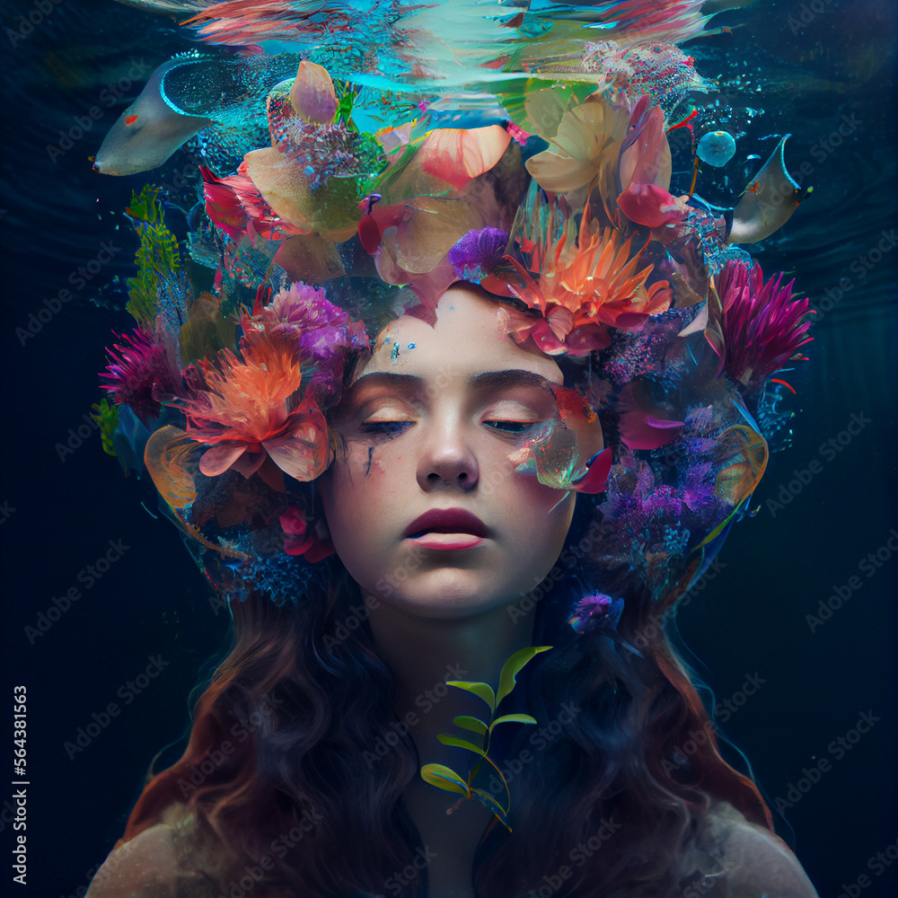 woman wearing a crown of vibrant flowers, underwater, female face, fantasy, Generative AI, imagination, dream woman wearing a crown of vibrant flowers, underwater, female face, fantasy, Generative AI, imagination, dream