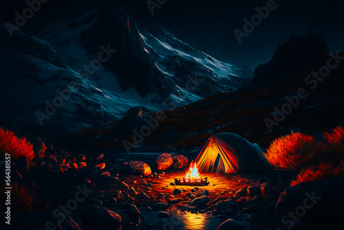 A simple yet striking image of a camping setup nestled in the mountains