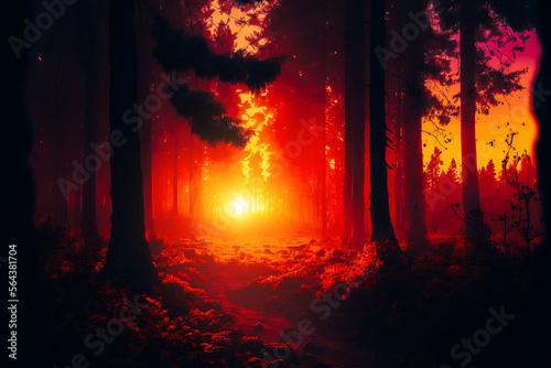 A wide shot of a magical forest during a sunset, with the colors of the sunset