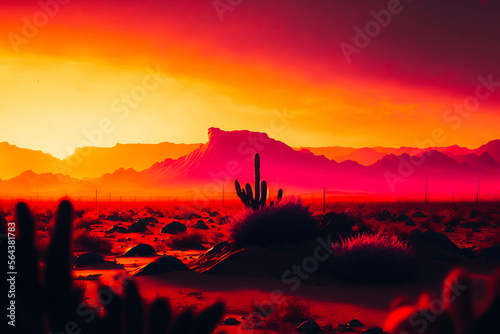 A wide shot of a pink and orange sunset over a Texas desert