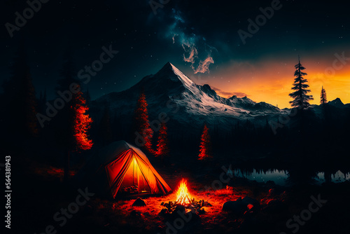 A wide shot of a small campsite nestled in the woods, with a tent pitched under the starry night sky
