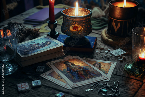 Magic still life. Esoteric still life. Tarot cards. AI generation photo