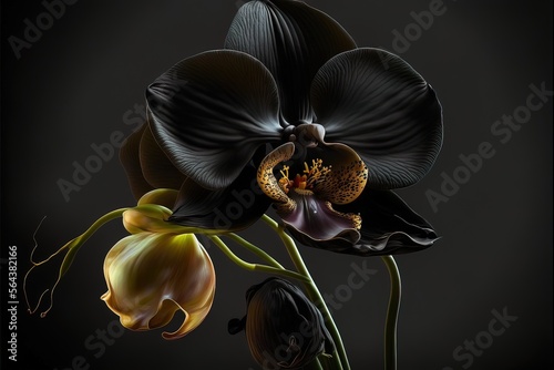 Black orchid on a dark uniform background. Beautiful black flower. AI
