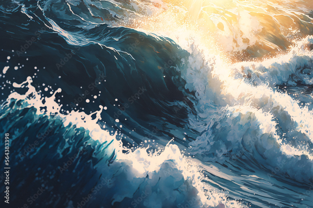 wild ocean, waves, foamed spray flies and swims around, the sun and sunshine shimmer, the light reflects on the water, in the style of water colors, Generative AI wild ocean, waves, foamed spray flies and swims around, the sun and sunshine shimmer, the light reflects on the water, in the style of water colors, Generative AI