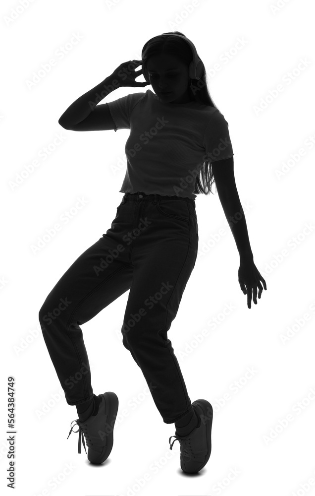 Silhouette of young woman in headphones dancing on white background Silhouette of young woman in headphones dancing on white background
