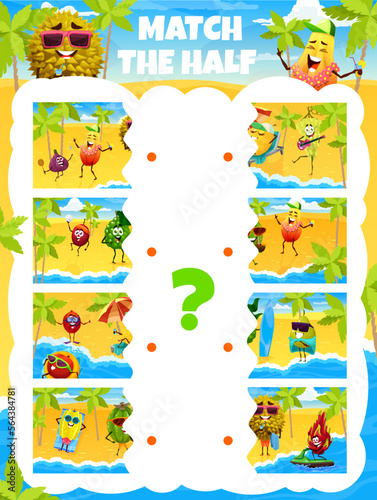 Match half of cartoon fruits characters on summer beach party, vector game quiz. Picture match puzzle worksheet to find same part or correct piece of durian, cherimoya and fig at sea beach holiday
