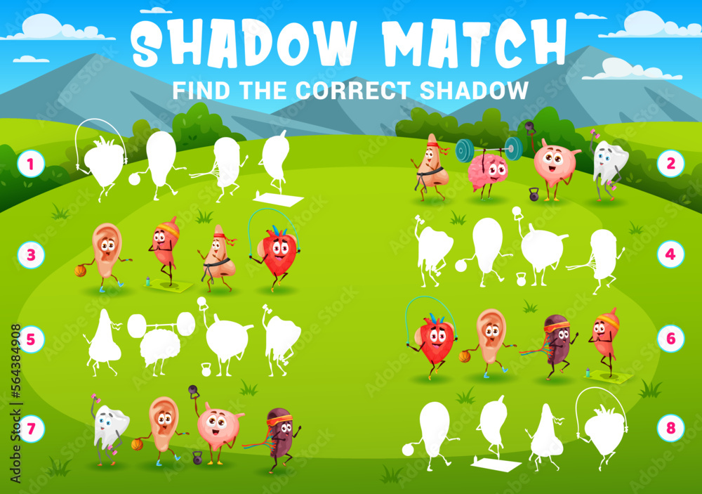Fototapeta premium Shadow matching game, cartoon funny human organs sportsman characters, vector quiz. Shadow match puzzle with heart on fitness sport, ear playing basketball and kidney on yoga or brain on gym workout