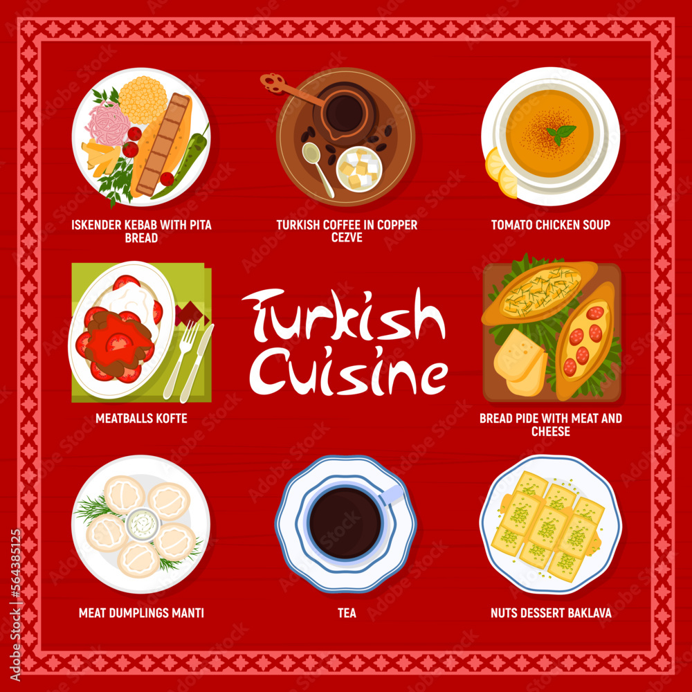 Turkish cuisine menu page. Iskender kebab with pita, Turkish coffee in copper cezve and tea, tomato chicken soup, meatballs Kofte and dessert Baklava, dumplings Manti, bread Pide with meat and cheese