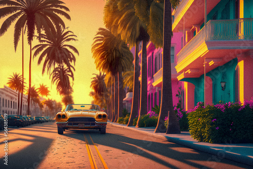 Wallpaper Mural Car and Palm in 80s style, retro background, granular texture illustration Generative AI Torontodigital.ca