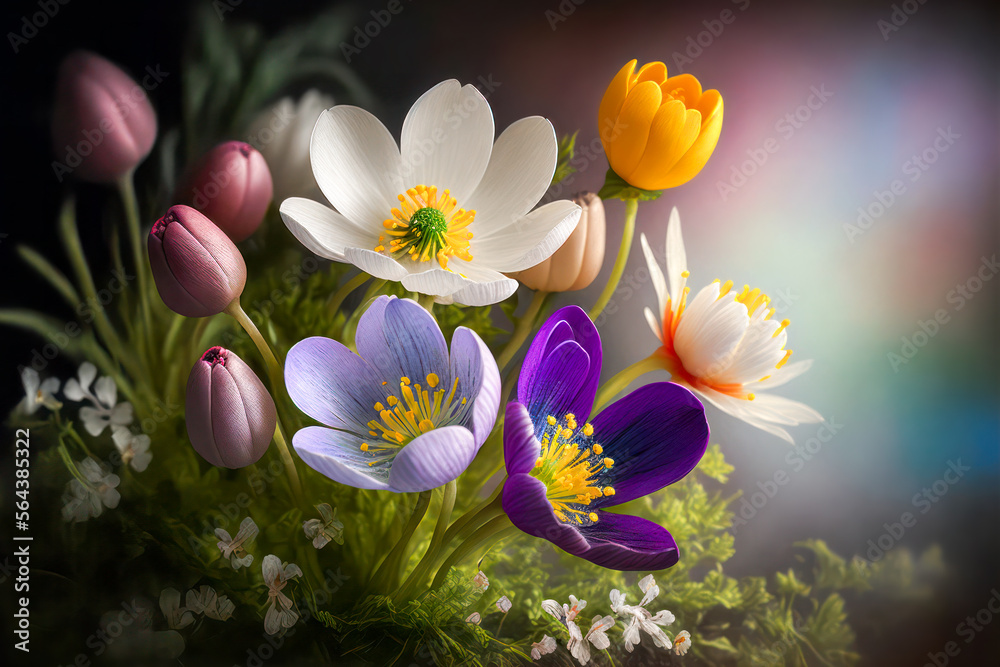 Colorful spring flowers as decoration. Generative AI. - obrazy, fototapety, plakaty 
