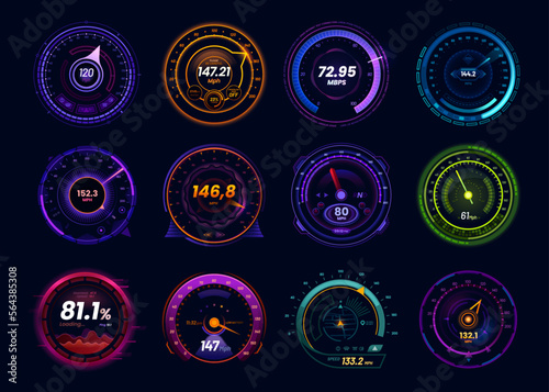 Futuristic car speedometer gauge and internet speed test meters, vector neon led dials. Car dashboard speedometers with mph and kph gauge arrow, internet download, upload and ping test indicators