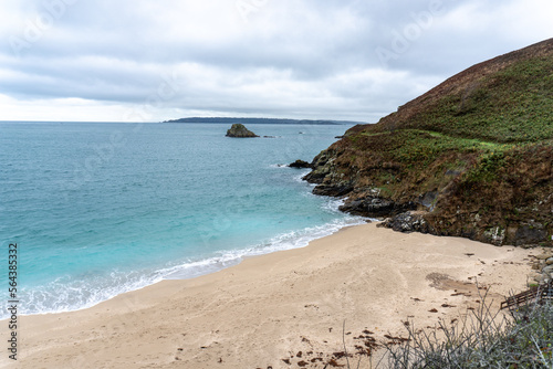 Herm Island, Channel Island in Bailiwick of Guernsey. Car free island is popular British Isles holiday destination. Belvoir Beach and cliff walk area on western side of island.