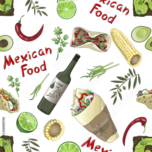 Seamless pattern of Mexican food products. Vector illustration in cartoon style.