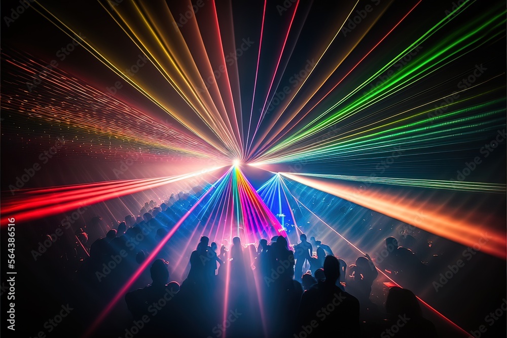 Laser light show at a night music party, neon light, rays, flashes