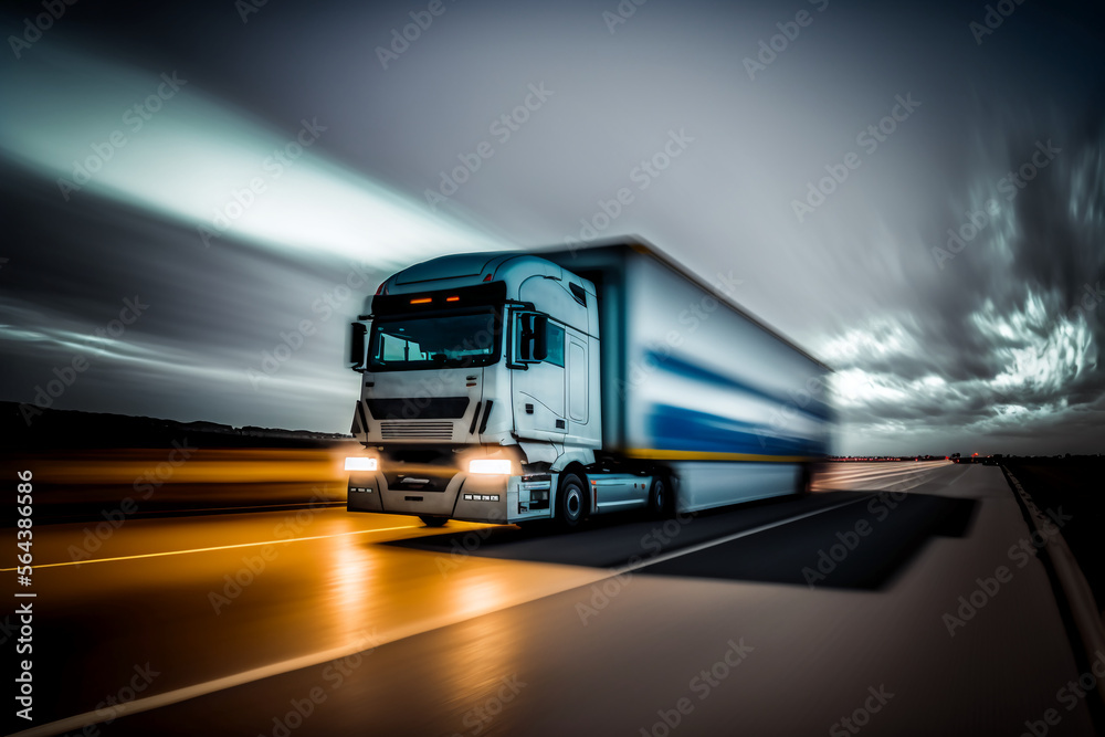 European truck driving fast on the road in susnset, generative AI