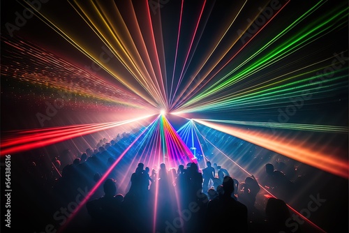 Laser light show at a night music party, neon light, rays, flashes, laser stage. AI photo