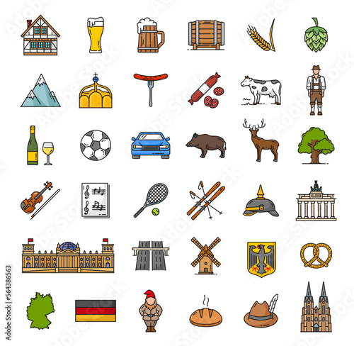Color Germany landmarks, food, industry and travel outline icons. German culture, Europe travel line icons. Timbered house, beer tankard, alps and sausage, boar, deer and Brandenburg gate