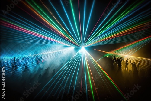 Laser light show at a night music party, neon light, rays, flashes, laser stage. AI