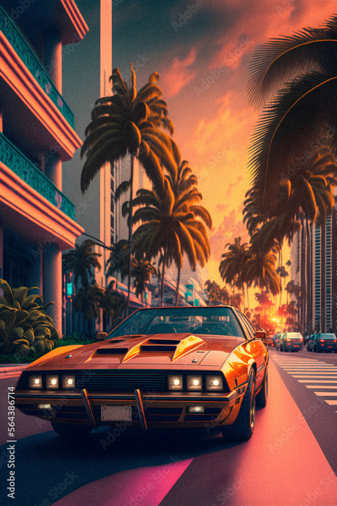 Car and Palm in 80s style, retro background, granular texture illustration Generative AI