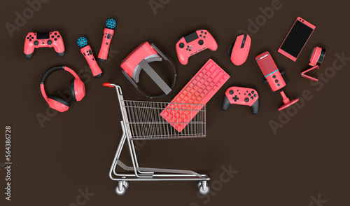 Lying gamer gears like mouse, keyboard, joystick, headset, VR in shopping carts