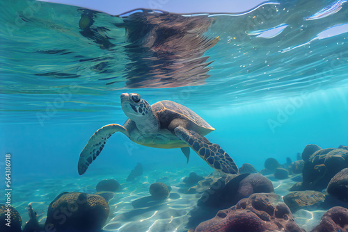 Portrait of a Mefiterranean sea turtle swimming underwater in clear blue water. Generative AI. © Michael