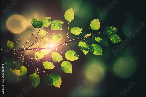 A branch of a tree with green leaves under the rays of the sun. AI generation