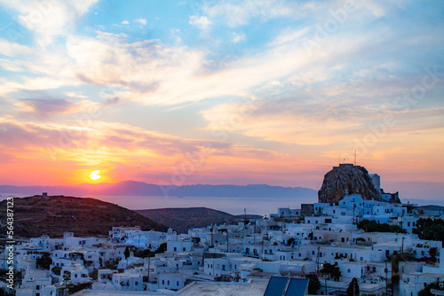 Overview of the village of Chora in the island of Amorgos at the sunset. photo