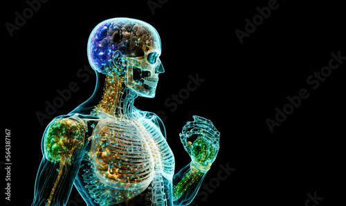 Human anatomy body hologram blue data showing cellular connectivity of a human. Science fiction medical science technology monitoring human nervous and skeletal body extremities. Generative AI.