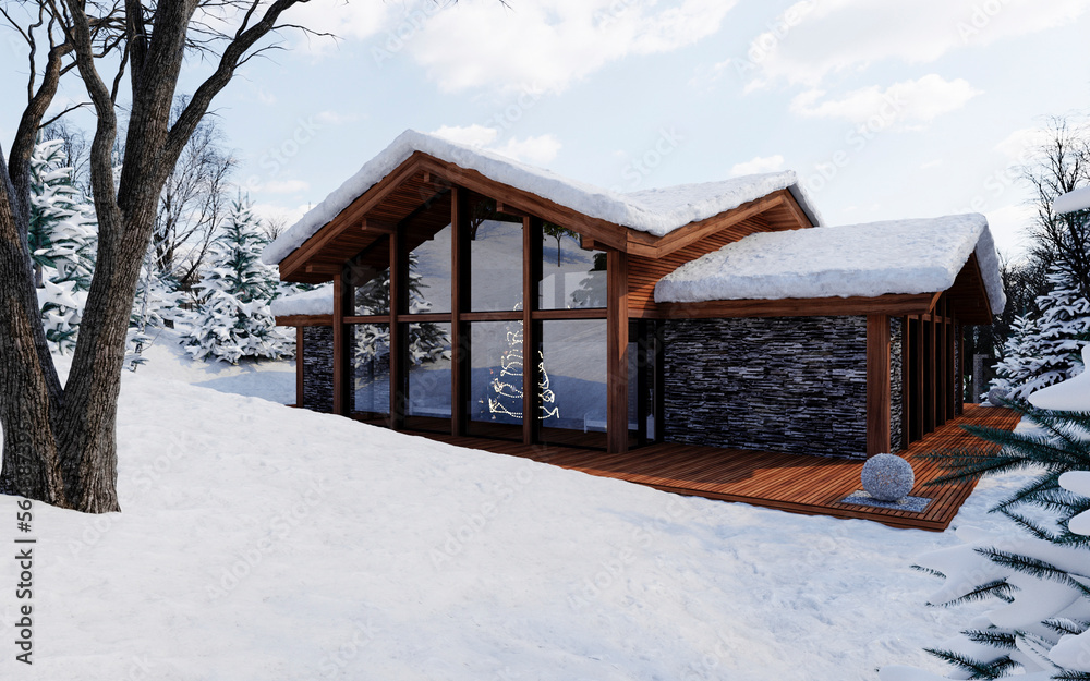 Half-timbered house in the snow. Beautiful house with a terrace. 3D visualization