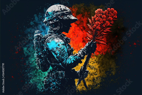 soldier holding a flower gun, abstract #3 Generative AI