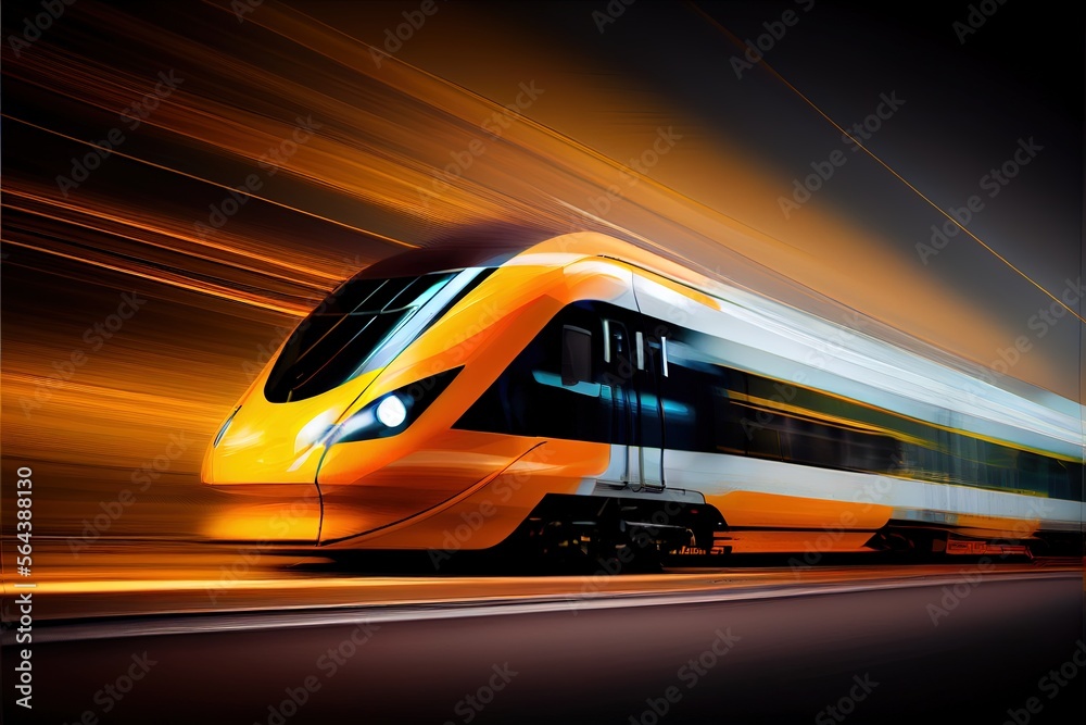 High speed train of the future with motion blur and glowing light effects. Future transportation concept. 
Digitally generated AI image