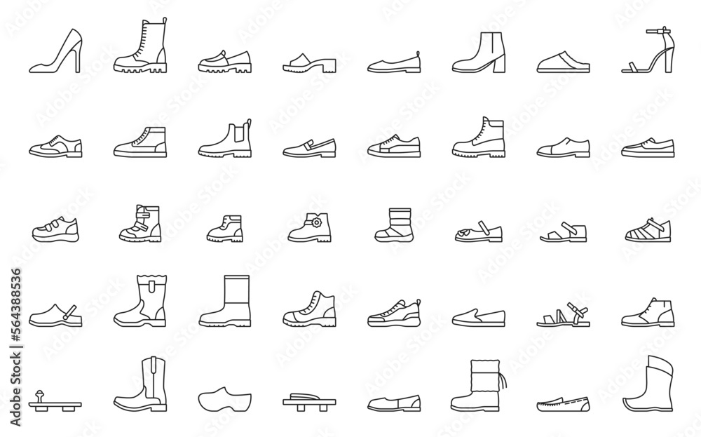 Man and woman shoes line icons. High heel shoe, combat, cowboy, winter and rubber boots, man and woman sandals, sneakers sport footwear, moccasins, flip flops and slippers shoe vector icons - obrazy, fototapety, plakaty 