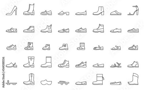 Man and woman shoes line icons. High heel shoe, combat, cowboy, winter and rubber boots, man and woman sandals, sneakers sport footwear, moccasins, flip flops and slippers shoe vector icons